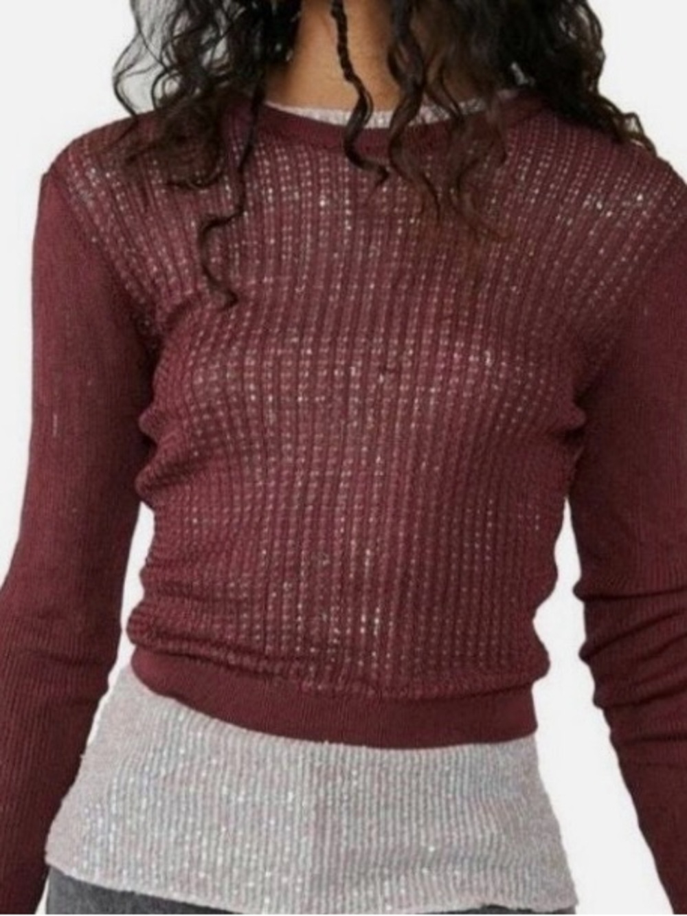 Free People Ribbed Long-Sleeve Knit Sweater in Burgundy